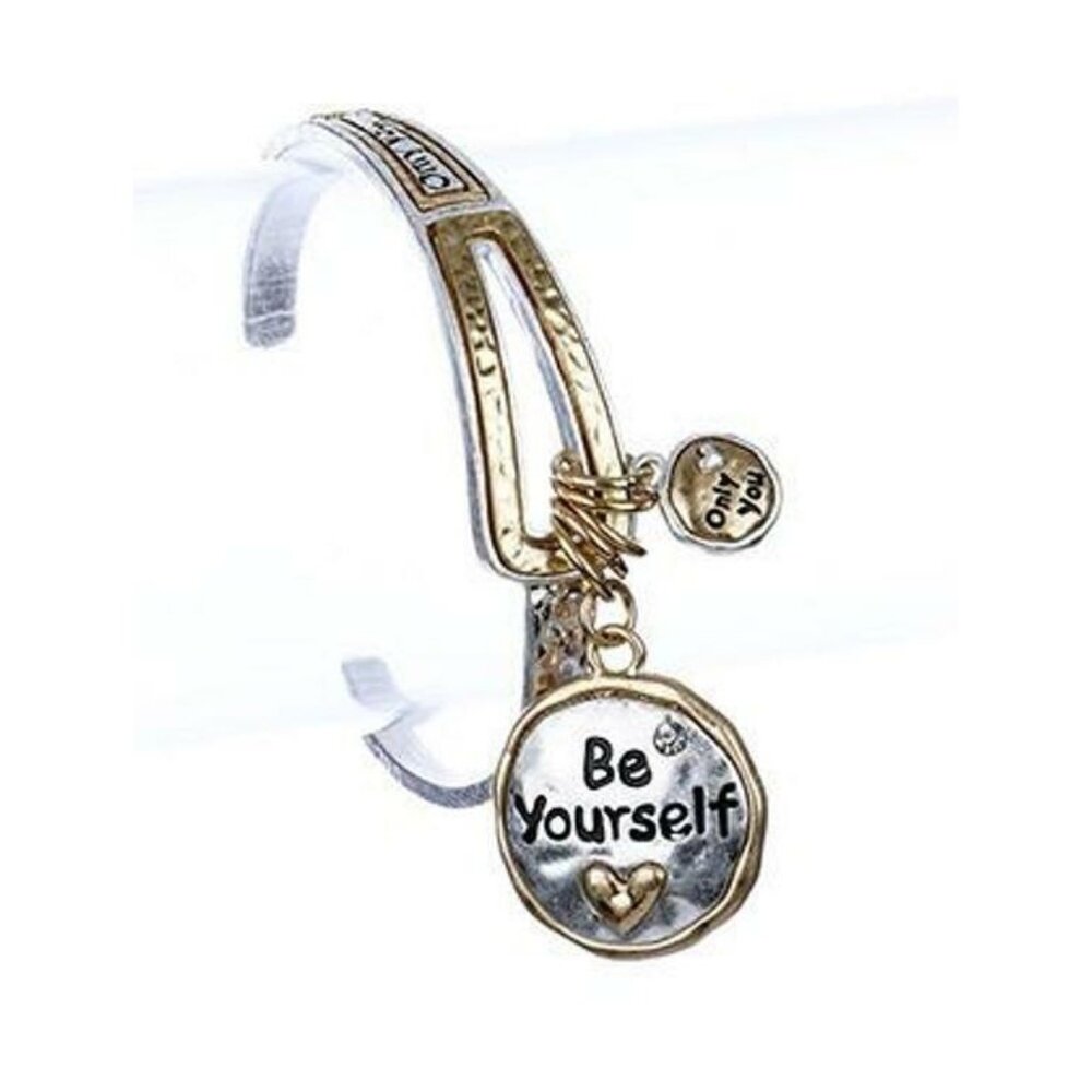 Two Tone Silver Gold Hammered Be Yourself Message Charm Cuff Bracelet